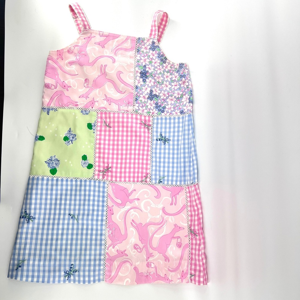 Lilly Pulitzer Girls Size 14 Patchwork Sundress Kangaroo Print Pink Blue Cotton